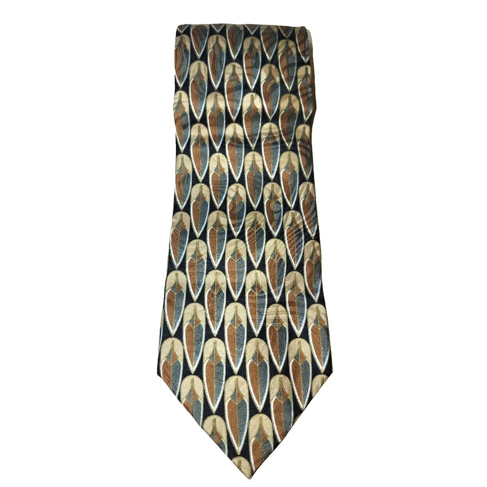 Ferracci Black Feather Print Brown, Gray, Gold Textured Pointed Long Silk Tie